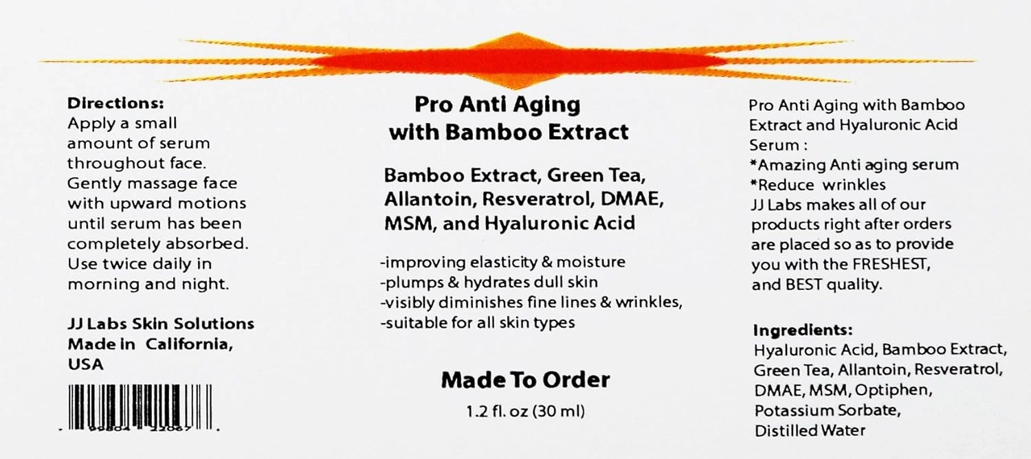 Pro Anti Aging Serum Bamboo Extract, Green Tea, Allantoin, Resveratrol, DMAE, MSM, Hyaluronic Acid (1.2oz, Pump Dispenser)