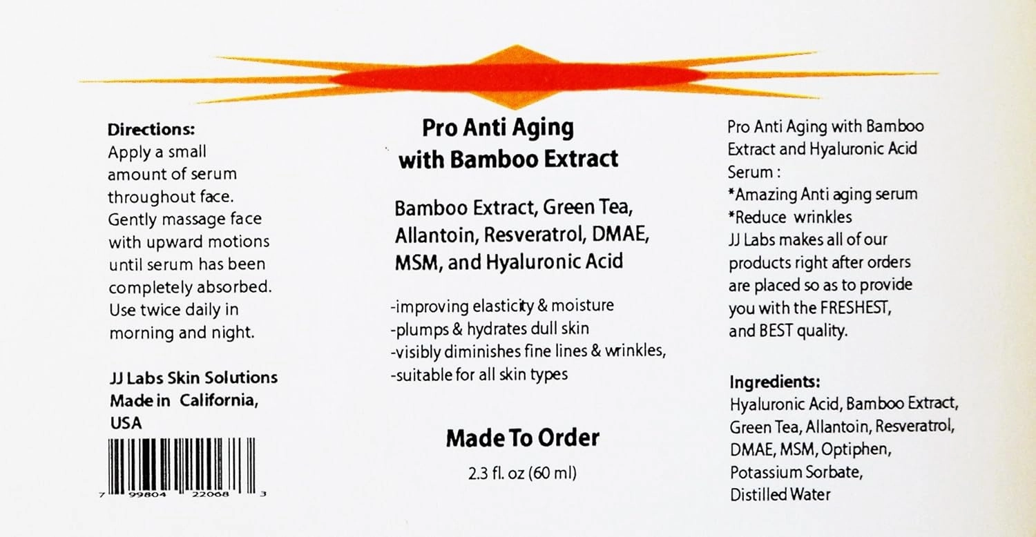 Pro Anti Aging Serum Bamboo Extract, Green Tea, Allantoin, Resveratrol, DMAE, MSM, Hyaluronic Acid (2.3oz, Pump Dispenser)