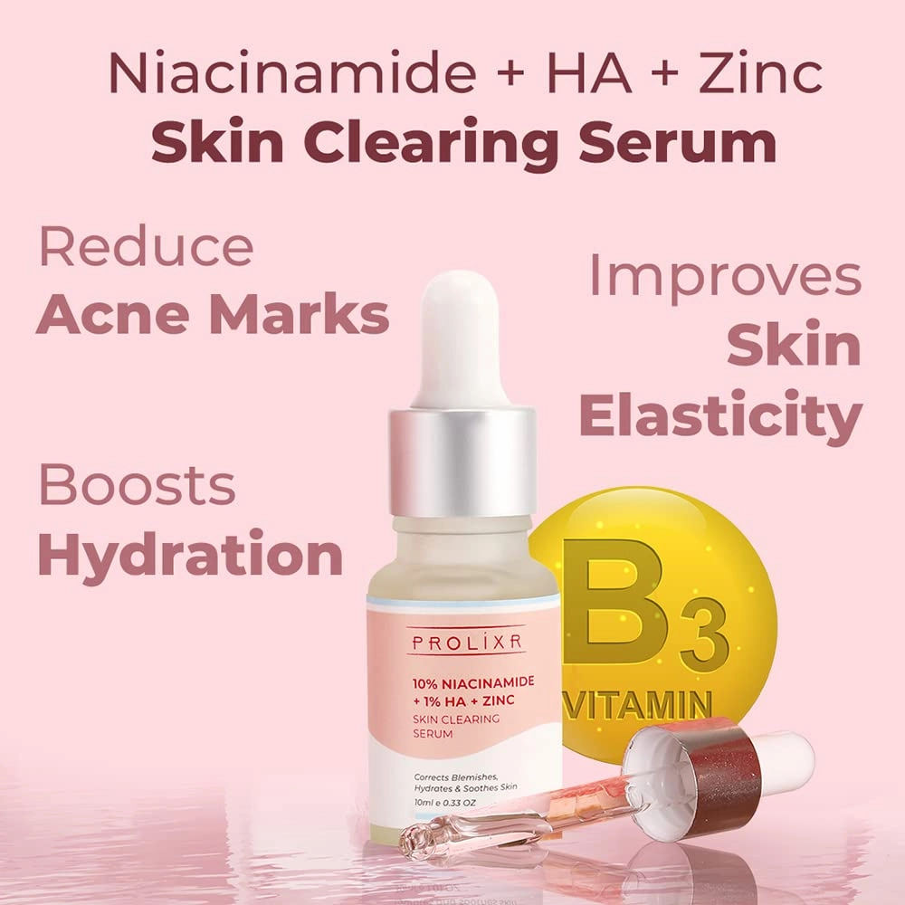 Prolixr 10% Niacinamide   1% Hyaluronic acid   Zinc Skin Clearing Face Serum- for acne marks, blemishes & oil balancing- all skin types - 10 ml - travel friendly - mini
