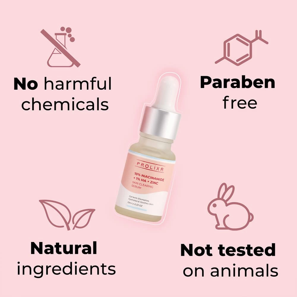 Prolixr 10% Niacinamide   1% Hyaluronic acid   Zinc Skin Clearing Face Serum- for acne marks, blemishes & oil balancing- all skin types - 10 ml - travel friendly - mini