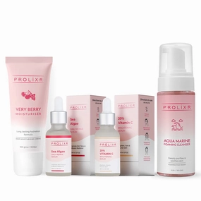 Prolixr Skin Reset Bundle - Foaming Face Wash, Sea Algae Serum, Vitamin C Serum & Moisturizer | Pore Tightening | Improved Skin Texture | All Skin Types