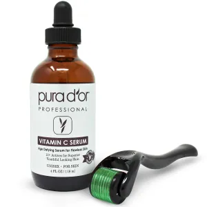 PURA D'OR 25% Vitamin C Serum 4 Oz   0.25mm Derma Roller Set - Hyaluronic Acid & Retinol Microdermabrasion Skin Care Cosmetic Kit For Face & Eyes, Dark Spots - For Men & Women