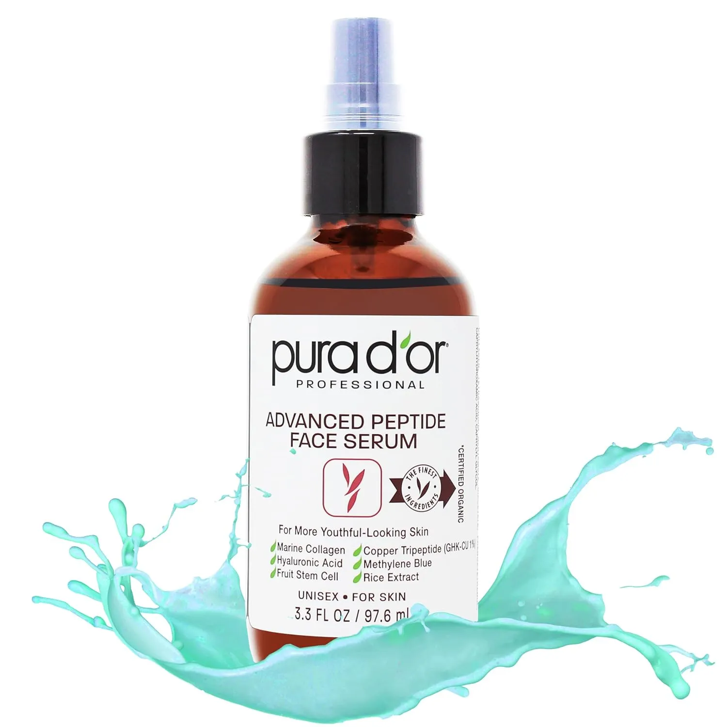 PURA D'OR 3.3 Oz Advanced Peptide Anti-Aging Face Serum w/ 1% Copper Tripeptide, Methylene Blue, Marine Collagen, Hyaluronic Acid, Fruit Stem Cell & Kelp For Hydration, Firming & Youthful-Looking Skin