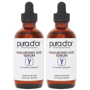 PURA D'OR Hyaluronic Acid Serum For Deep Hydration (3.3oz x2 = 6.6oz) Anti-Aging, Plumping & Moisturizing Formula For Smooth, Supple Skin - Natural Skincare Boost - Fine Lines & Wrinkle Reducer