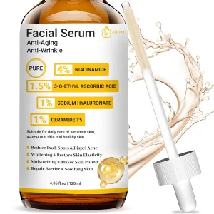 Pure 4% Niacinamide Serum for Acne Treatment for Face & Dark Spots | Brightening Face Serum with 1.5% Vitamin C | 1% Hyaluronic Acid | 1% Ceramide T5 | Hydration Anti-Wrinkle Formula (4 fl.oz/120ml)