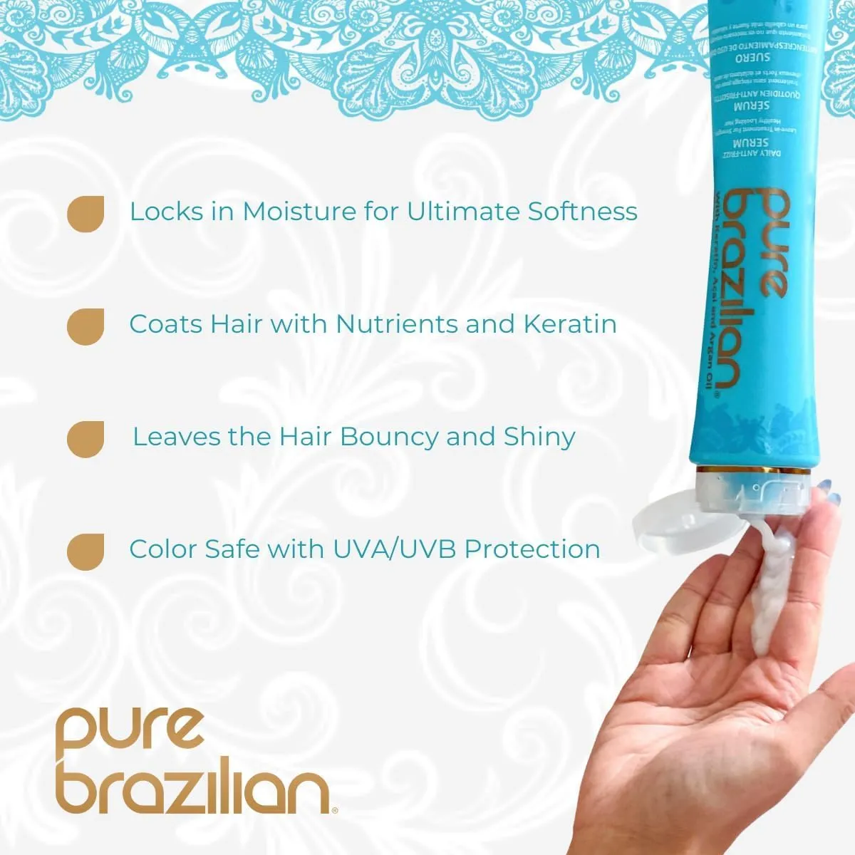 Pure Brazilian Anti-Frizz Daily Leave-In Serum, Strengthening Hair Treatment, Fortifies & Protects Hair From Heat & UVA/UVB, Pack of 2, 13.5 Ounce (400 Milliliter)