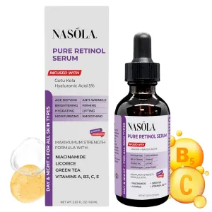 Pure Firming Retinol Serum with Hydrating Hyaluronic Acid & Gotu Kola for Wrinkles and Dark Spots, Renew and Reset Nighttime Facial Serum for a smoother, more radiant complexion, 2.02 Fl Oz