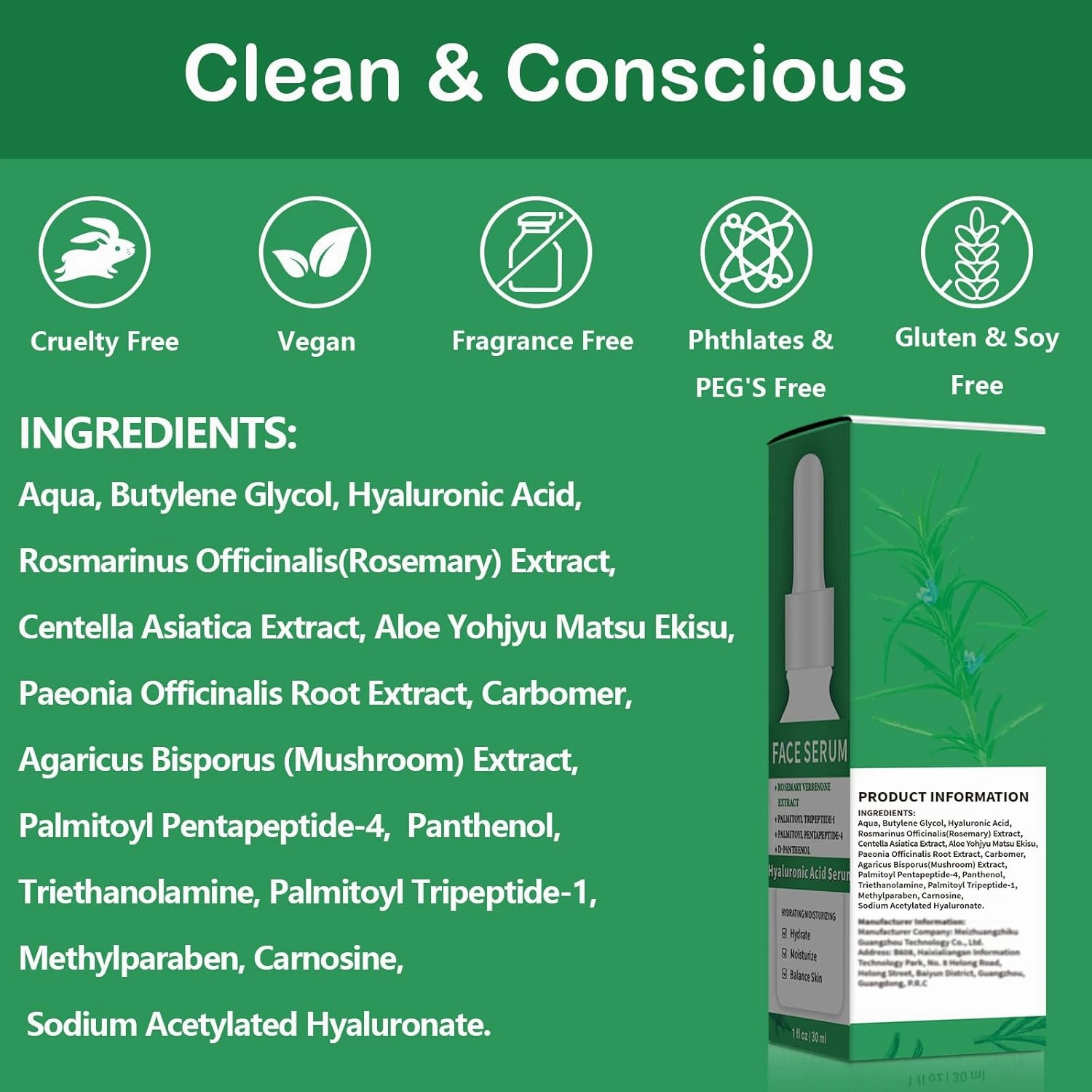 Pure 2% Hyaluronic Acid Serum with 4% Rosemary Verbena Extract (3 Pack 1fl.oz/30ml Each)