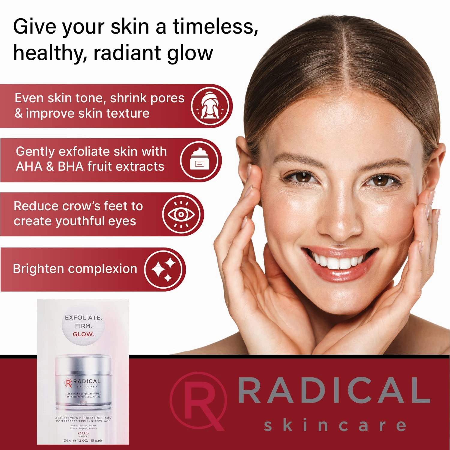 Radical Skincare Age Defying Exfoliating Pads Removes Dead Skin, Evens and Brightens Skin Tone for Radiant Glow | For All Skin Types Including Sensitive Skin | Paraben & Cruelty Free (15 Pads, 2 Pack)
