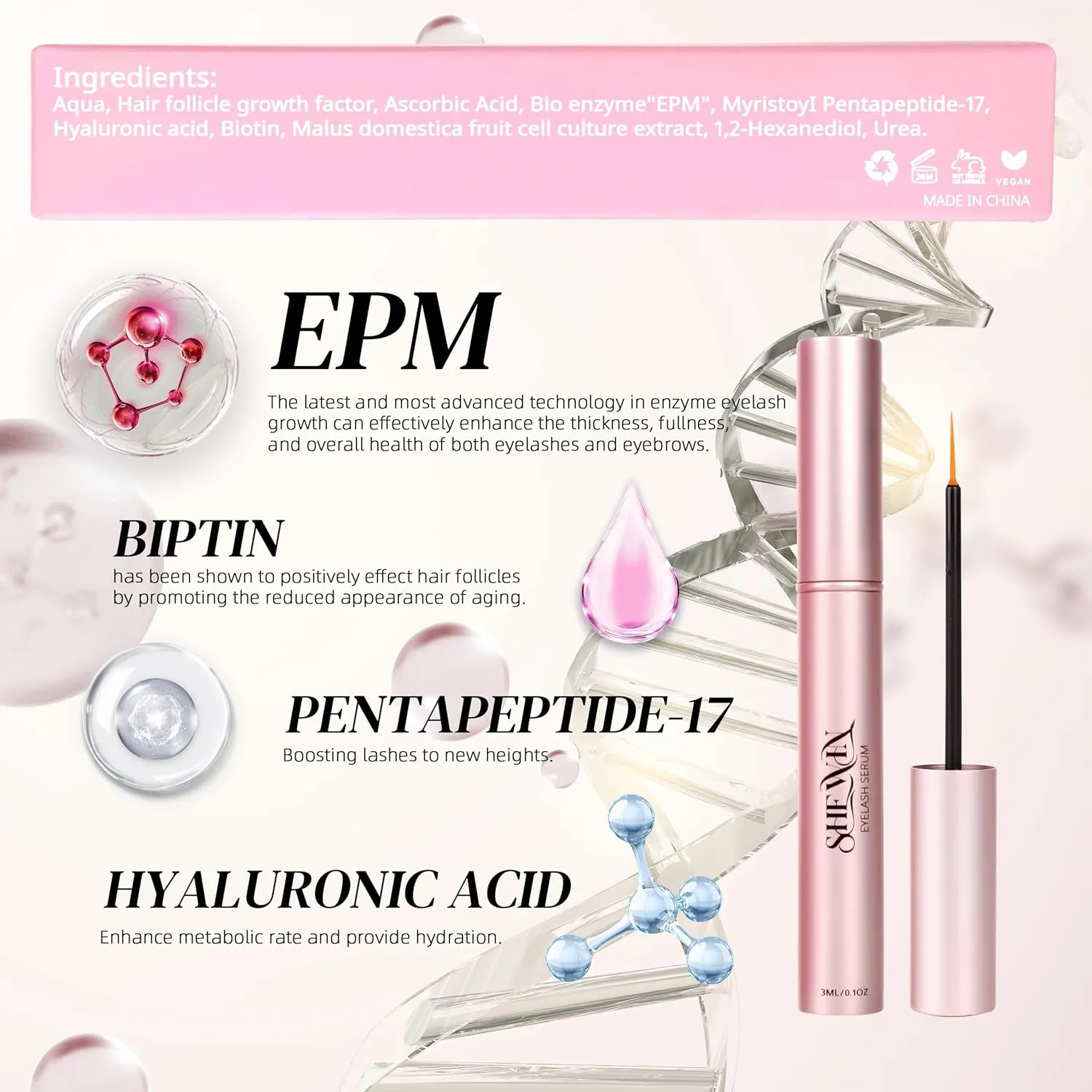 Rapid Eyelash Growth Serum Biotin - Eyebrows Enhancing Vitamins, Peptides, Amino Acids Lash for Thicker, Longer Eyelashes Eyebrows (Irritation-Free Formulated, 3ML)