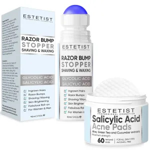 Razor Bump Stopper & Salicylic Acid Acne Pads Daily Skin Care Treatment for Face Neck Bikini Area Legs and Underarm Area Сlean Pores Blackheads Prevention Face Wash Wipes For Teens Women & Men Bundle