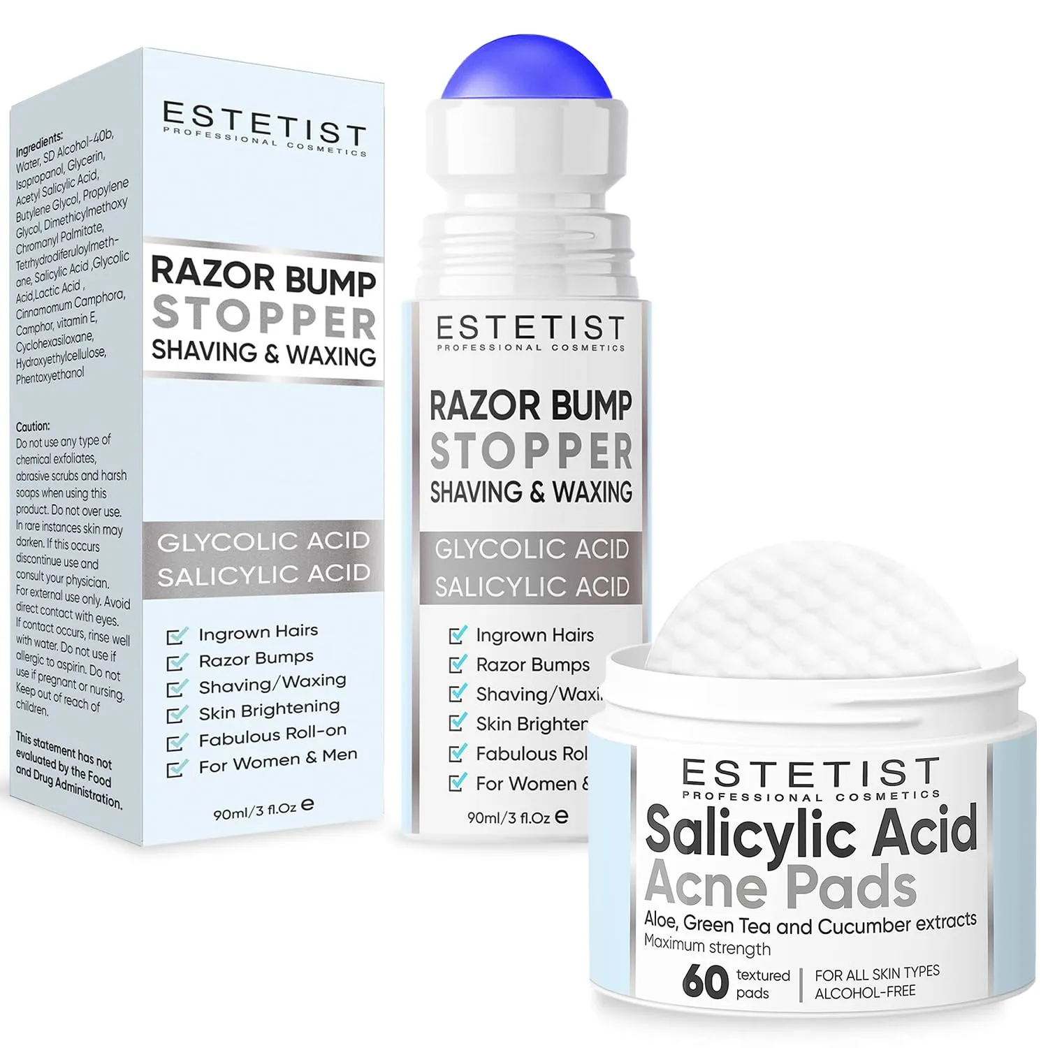 Razor Bump Stopper & Salicylic Acid Acne Pads Daily Skin Care Treatment for Face Neck Bikini Area Legs and Underarm Area Сlean Pores Blackheads Prevention Face Wash Wipes For Teens Women & Men Bundle