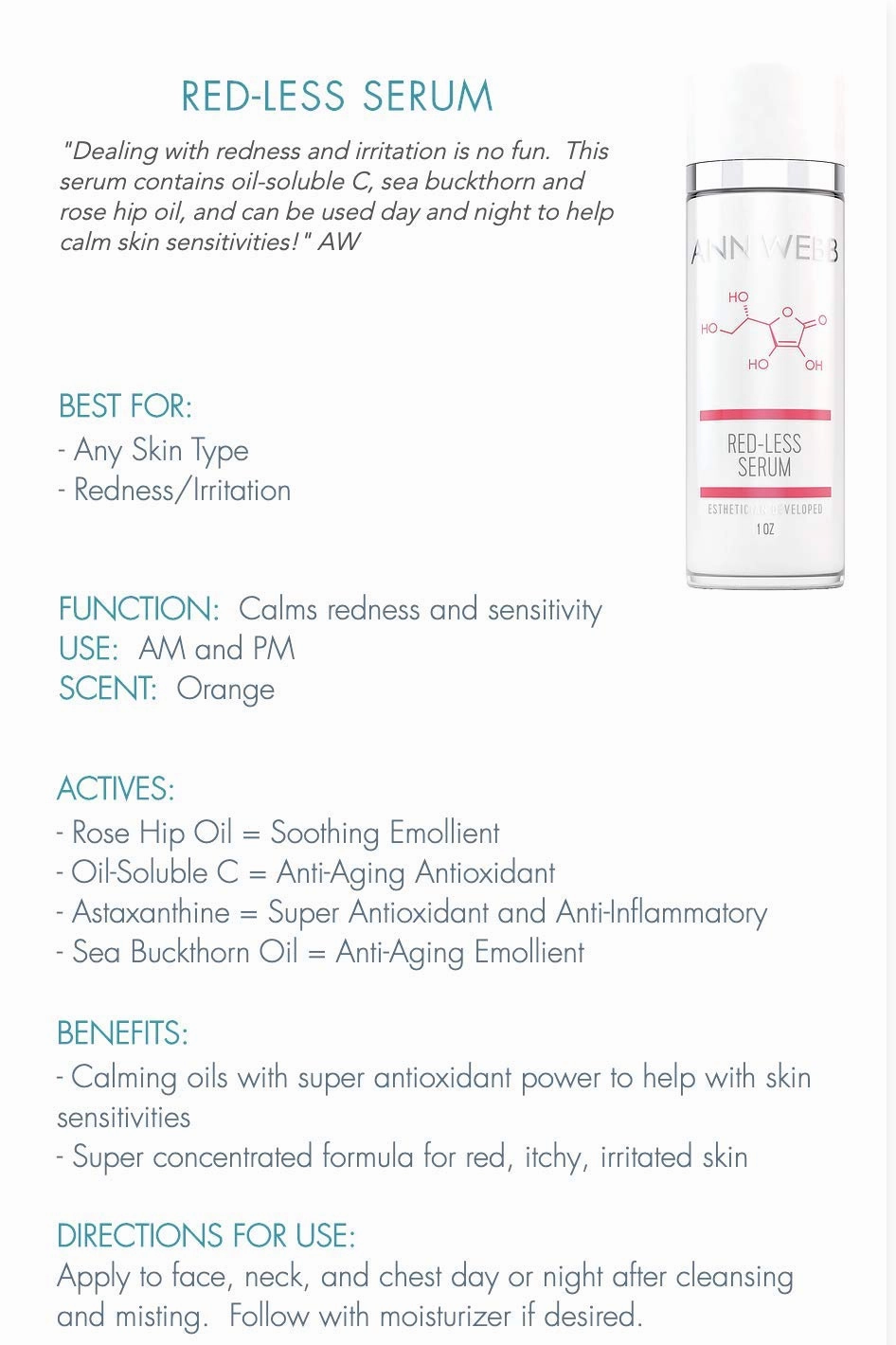 Redless Relief Serum - All Natural Calming, Anti-aging, Hydrating, Brightening, Anti-Oxidant Radiant Skin Glow Serum w/Vitamin C, Vitamin E Fights Rosacea (Redness) & Boosts Collagen .5oz