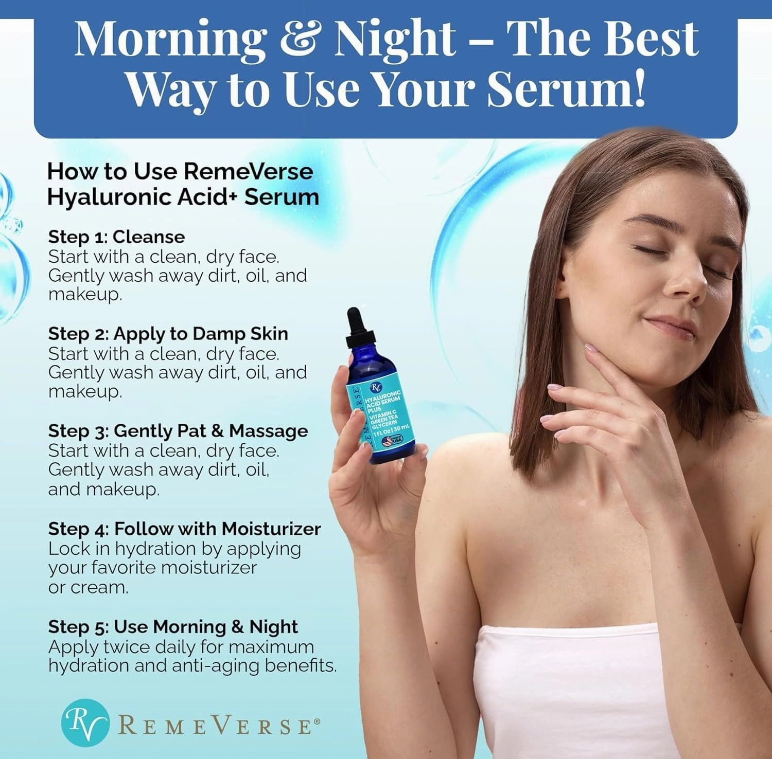 RemeVerse Hyaluronic Acid Serum with Vitamin C & Green Tea Extract - 100% Pure Formulation for Face, Lips & Décolleté - Intense Moisture for Dry Skin & Fine Lines for a Youthful & Plump Look, 1 oz