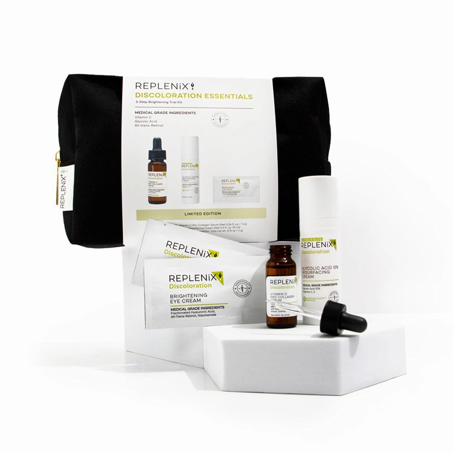 Replenix Discoloration Essentials 3 Step Brightening Medical-Grade Trial Kit (Set Includes Travel-Size Glycolic Acid Resurfacing Cream, Vitamin C Pro Collagen Serum, Brightening Eye Cream)