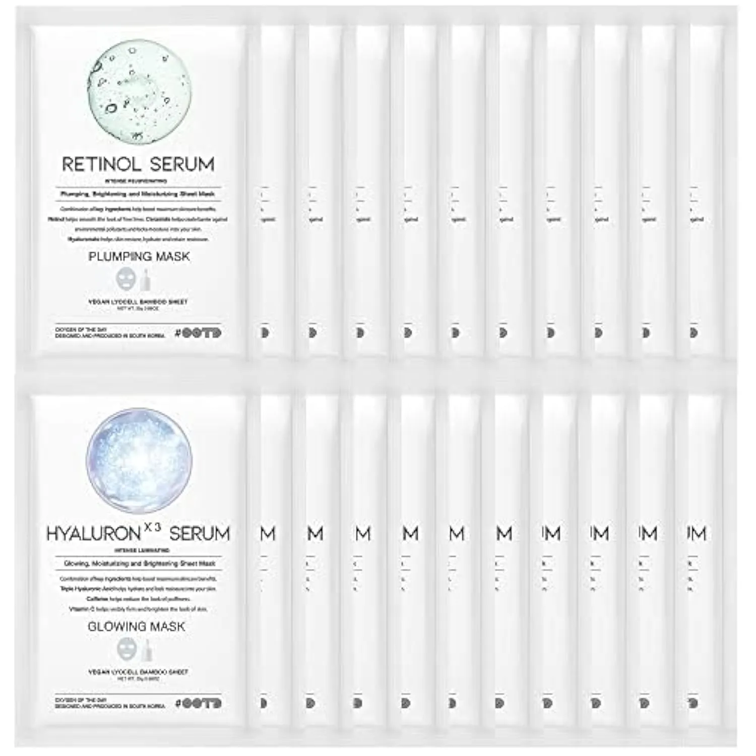 Retinol   Hyaluron Serum Korean Sheet Mask Sheet Gift Pack [20 Count] Plumping Glowing Luminating Hydrating Rejuvenating Sheet Mask Gift Pack