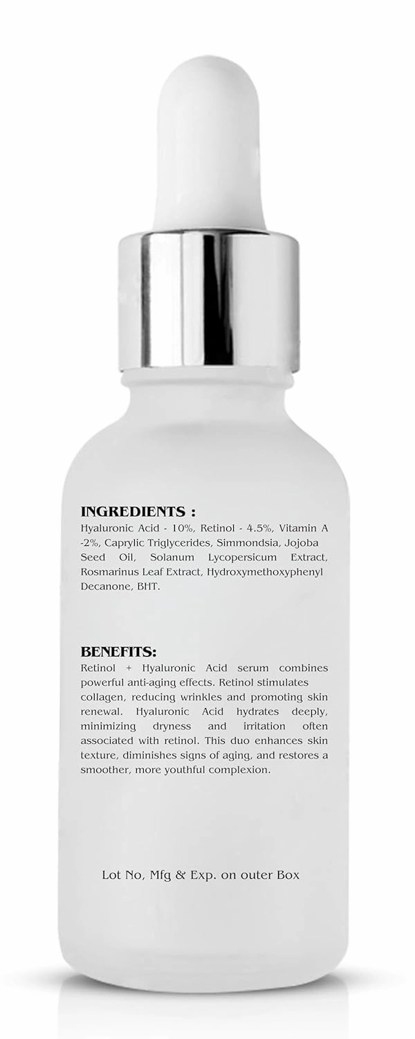 Retinol 4.5%   Hyaluronic Acid 10% - Advanced Anti-Aging Face Serum for Dark Spots, Fine Lines & Wrinkles - Deep Hydration for Radiant, Glowing Skin - 1fl. oz