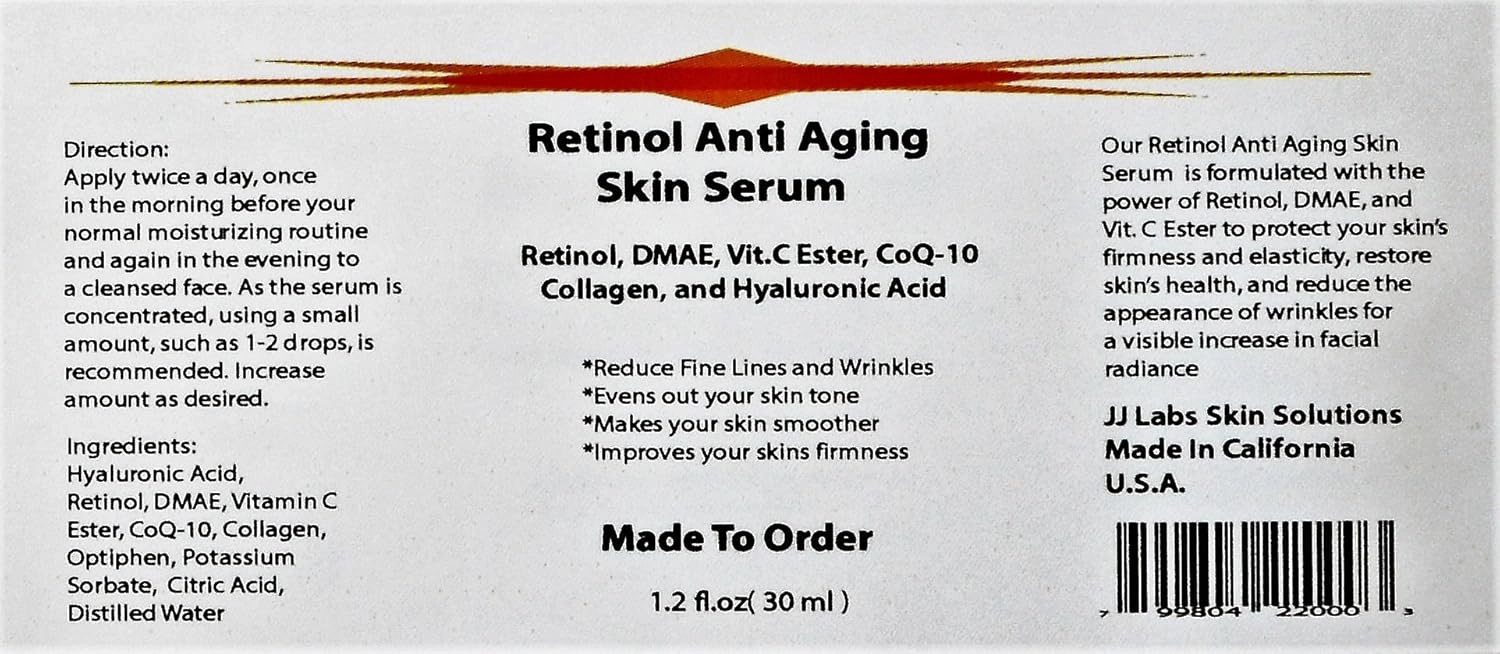 Retinol Anti Aging Skin Serum with Retinol, DMAE, Vitamin C Ester, CoQ-10, Collagen and Hyaluronic Acid (1.2oz)