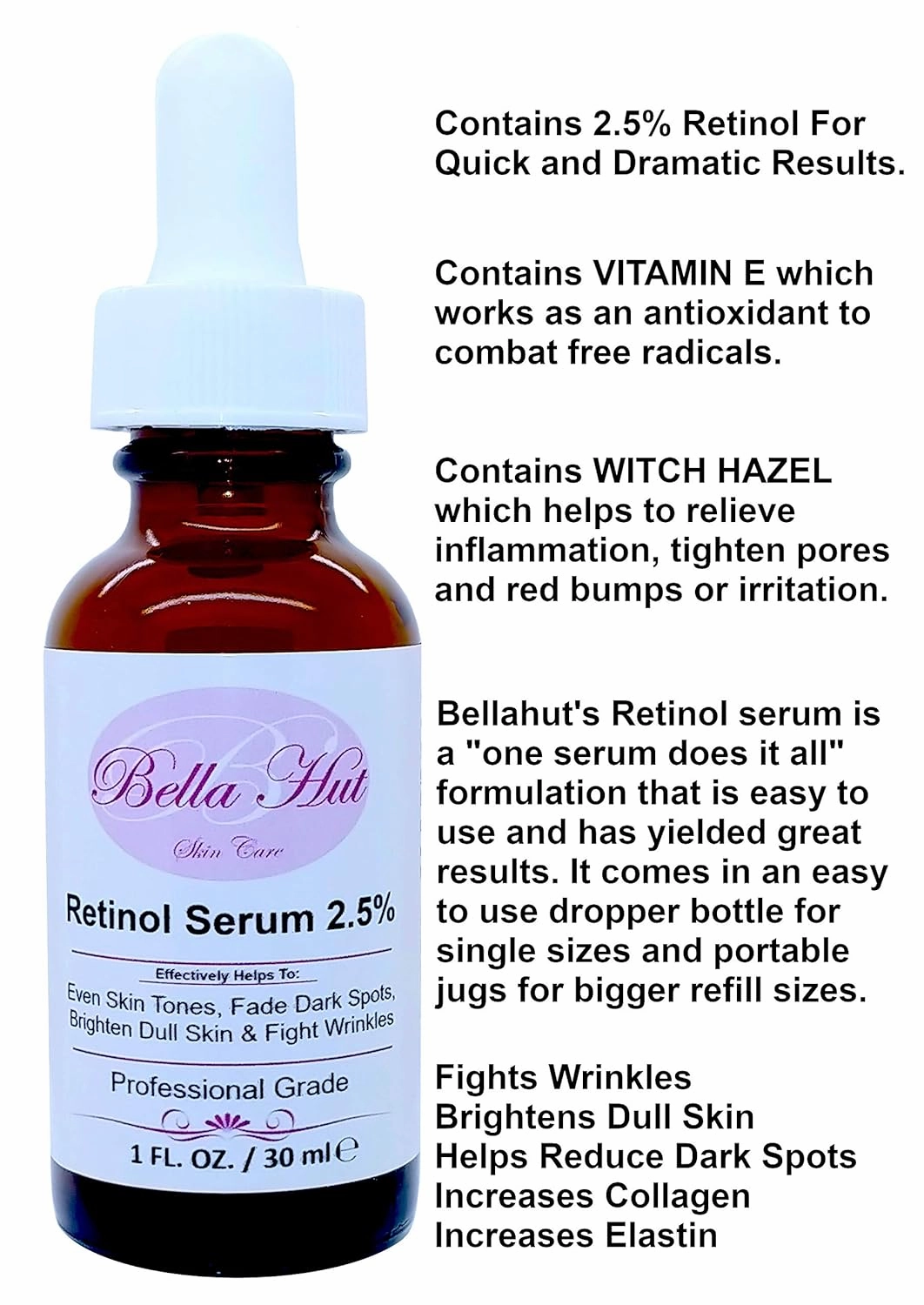 RETINOL FACE SERUM 2.5% - Anti-Aging Serum For Face - Helps Reduce Wrinkles, Fine Lines and Evens Skin Tones - 1 fl oz - Bellahut (1 OZ)