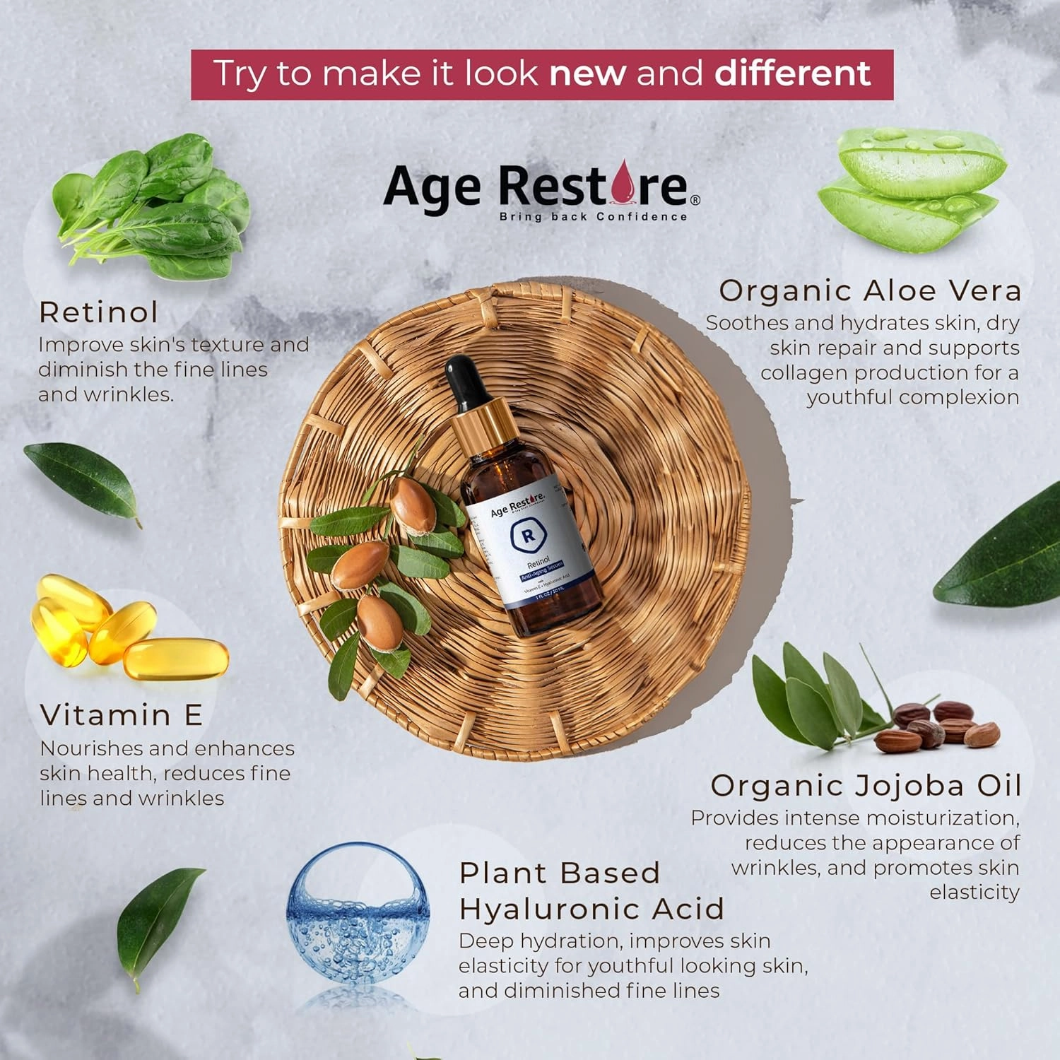 Retinol Face Serum for Face | Anti-Aging   Hyaluronic Acid   Vitamin E | Retinol, Jojoba Oil, Aloe Vera | Skin Care Improve Dark Age Spots, Fine Lines, Anti-Wrinkles Facial Serum - 1 Oz