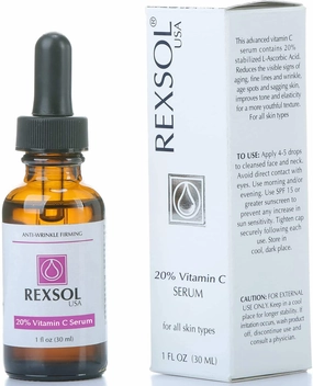 REXSOL 20% Vitamin C Serum Anti-wrinkle Firming | With Hyaluronic acid | Dark Circle & Sun Damage Corrector | Effectively minimizes the appearance of fine lines, wrinkle & age spots.(30 ml/1 fl oz)