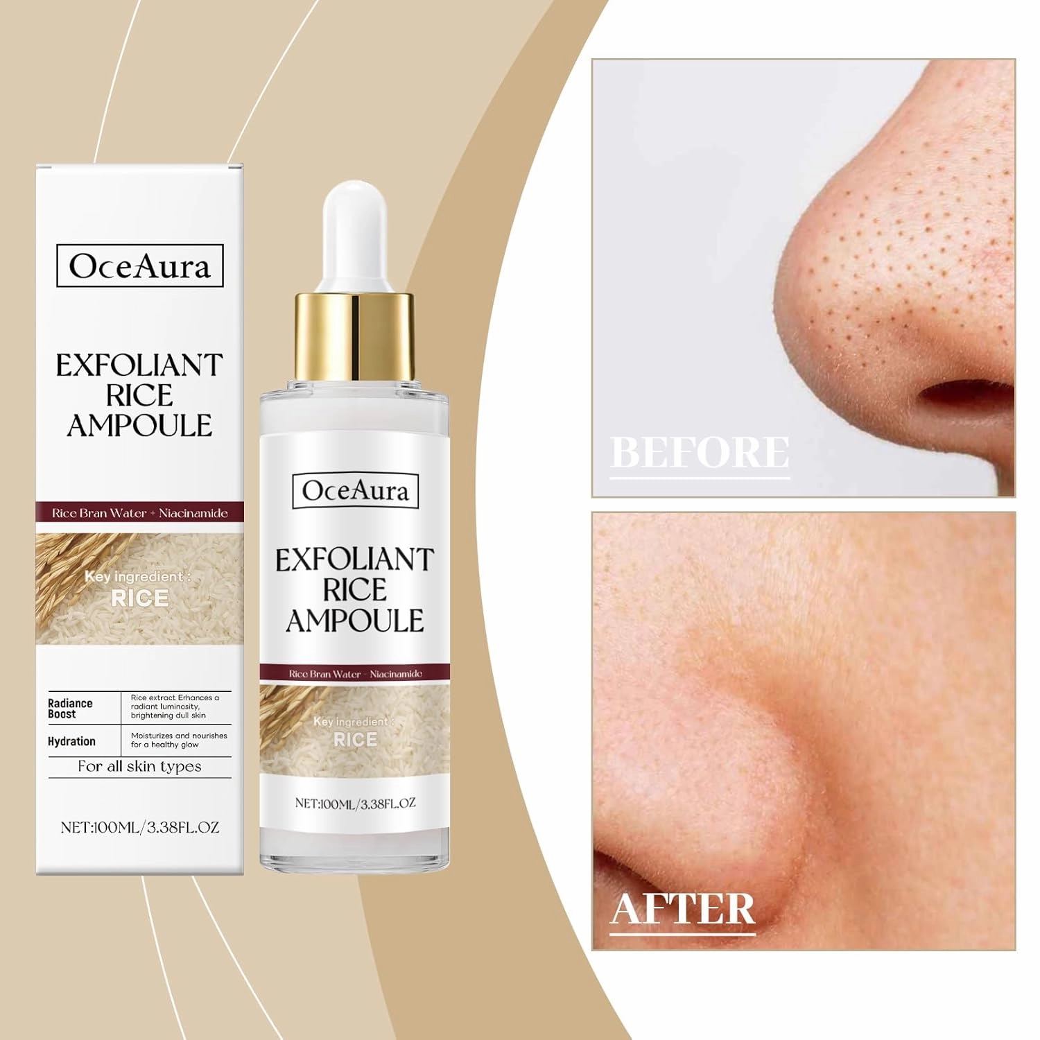 Rice skin Brightening Facial Essence, Exfoliating Serum with Glycerin 100ml*2