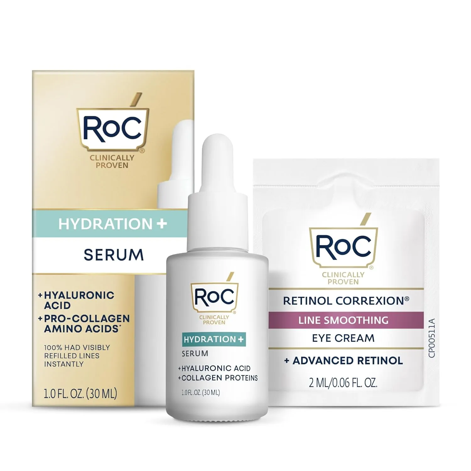 RoC Hydration  Hyaluronic Acid Serum for Face, Hydrating, Plumping, Fragrance Free, Lightweight Formula with Collagen Proteins (1 Ounce) with Retinol Eye Cream Packette