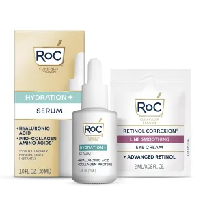 RoC Hydration  Hyaluronic Acid Serum for Face, Hydrating, Plumping, Fragrance Free, Lightweight Formula with Collagen Proteins (1 Ounce) with Retinol Eye Cream Packette