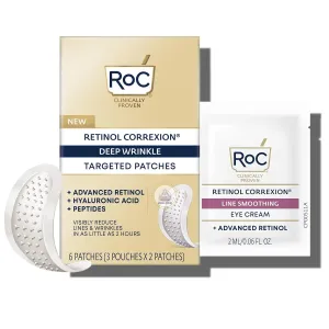 RoC Retinol Correxion Deep Wrinkle Non-Invasive Targeted Patches with Hyaluronic Acid   Firming Peptides for Forehead, 11 Lines, Crow’s Feet and Laugh Lines, (6 Patches) with Retinol Eye Packette