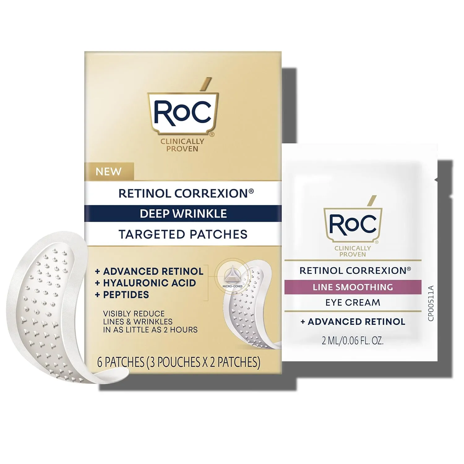 RoC Retinol Correxion Deep Wrinkle Non-Invasive Targeted Patches with Hyaluronic Acid   Firming Peptides for Forehead, 11 Lines, Crow’s Feet and Laugh Lines, (6 Patches) with Retinol Eye Packette