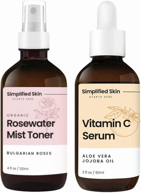 Rose Water Spray for Face & Hair 4 Oz and Vitamin C Serum for Face Antioxidant Serum with Hyaluronic Acid 2 Oz