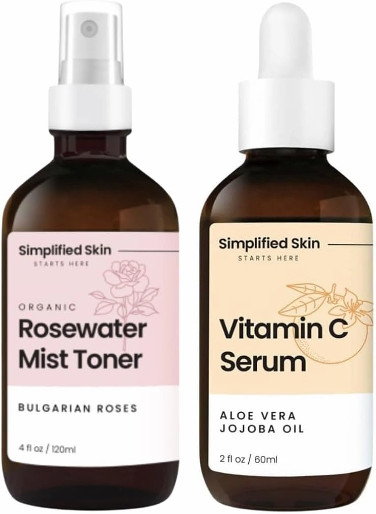 Rose Water Spray for Face & Hair 4 Oz and Vitamin C Serum for Face Antioxidant Serum with Hyaluronic Acid 2 Oz