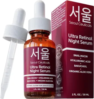 SeoulCeuticals 1% Korean Retinol Night Serum for Face - 97.5% Snail Mucin   Hyaluronic Acid   Bakuchiol, Cruelty Free K Beauty for Sensitive Skin 1oz