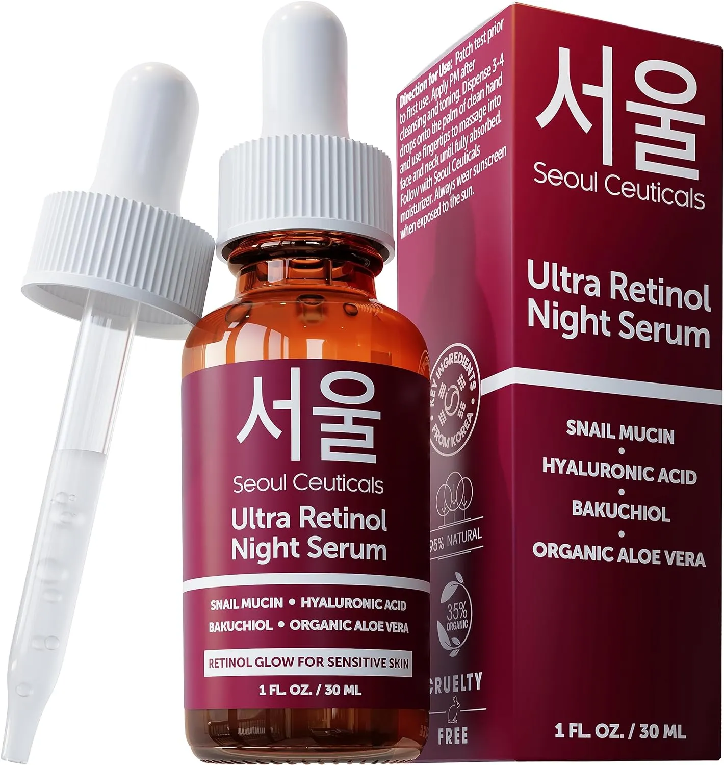 SeoulCeuticals 1% Korean Retinol Night Serum for Face - 97.5% Snail Mucin   Hyaluronic Acid   Bakuchiol, Cruelty Free K Beauty for Sensitive Skin 1oz