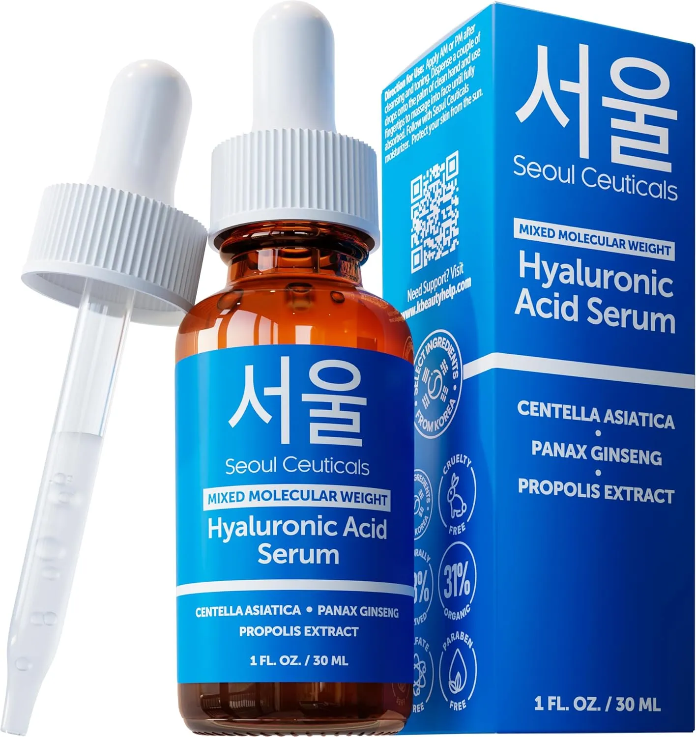 SeoulCeuticals Korean Hyaluronic Acid Serum For Face - High Molecular Weight & Low Molecular Weight Hyaluronic Acid - Centella Serum   Propolis. 1oz