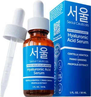 SeoulCeuticals Korean Hyaluronic Acid Serum For Face - High Molecular Weight & Low Molecular Weight Hyaluronic Acid - Centella Serum   Propolis. 1oz