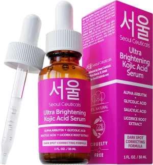 SeoulCeuticals Korean Skin Care Kojic Acid Serum Alpha Arbutin Serum – Dark Spot Remover Corrector Glycolic Acid Serum   Salicylic Acid K Beauty 1oz