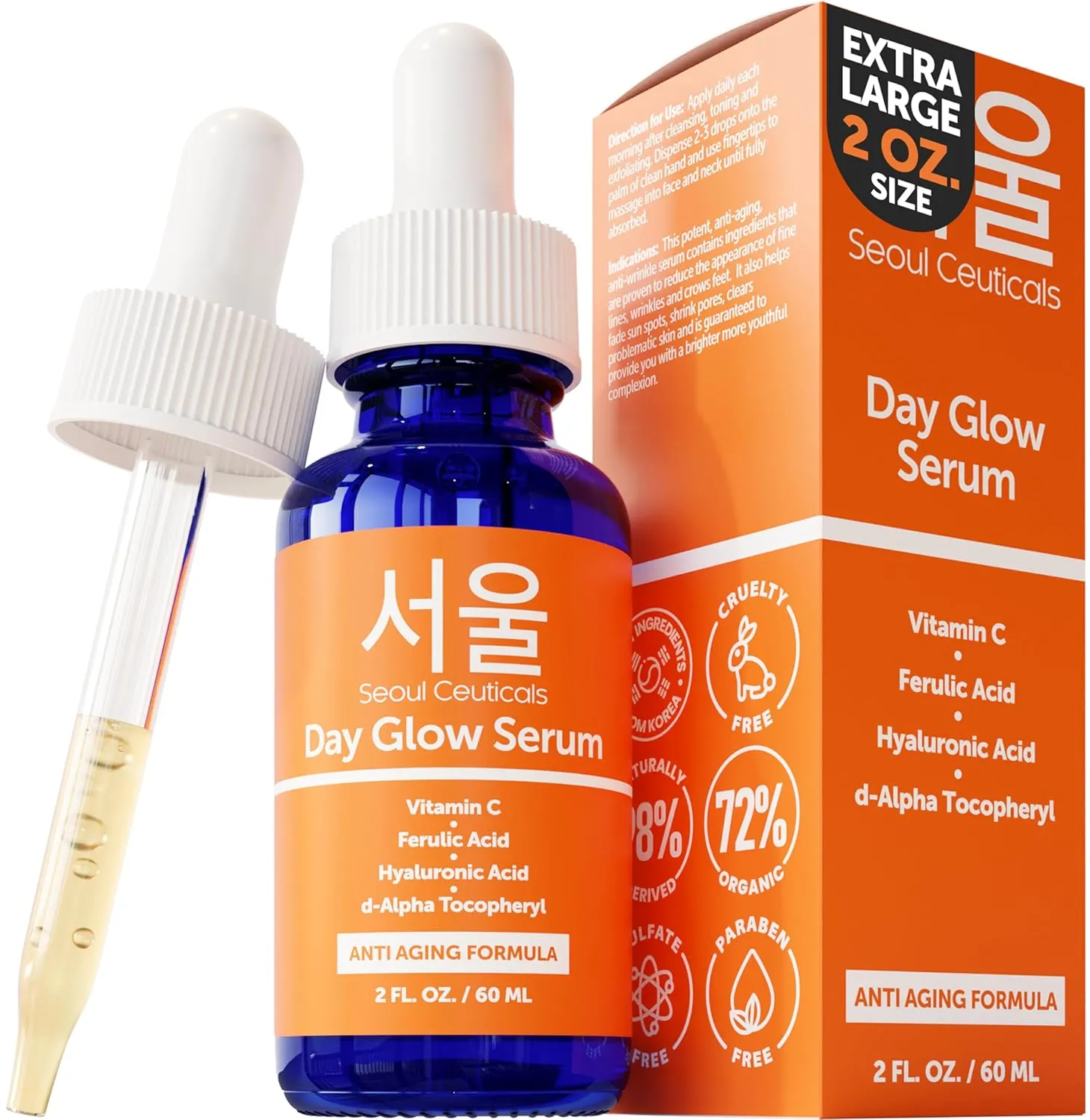 SeoulCeuticals Large 2oz Korean 20% Vitamin C Hyaluronic Acid Serum   CE Ferulic Acid - Potent Anti Aging, Anti Wrinkle K Beauty