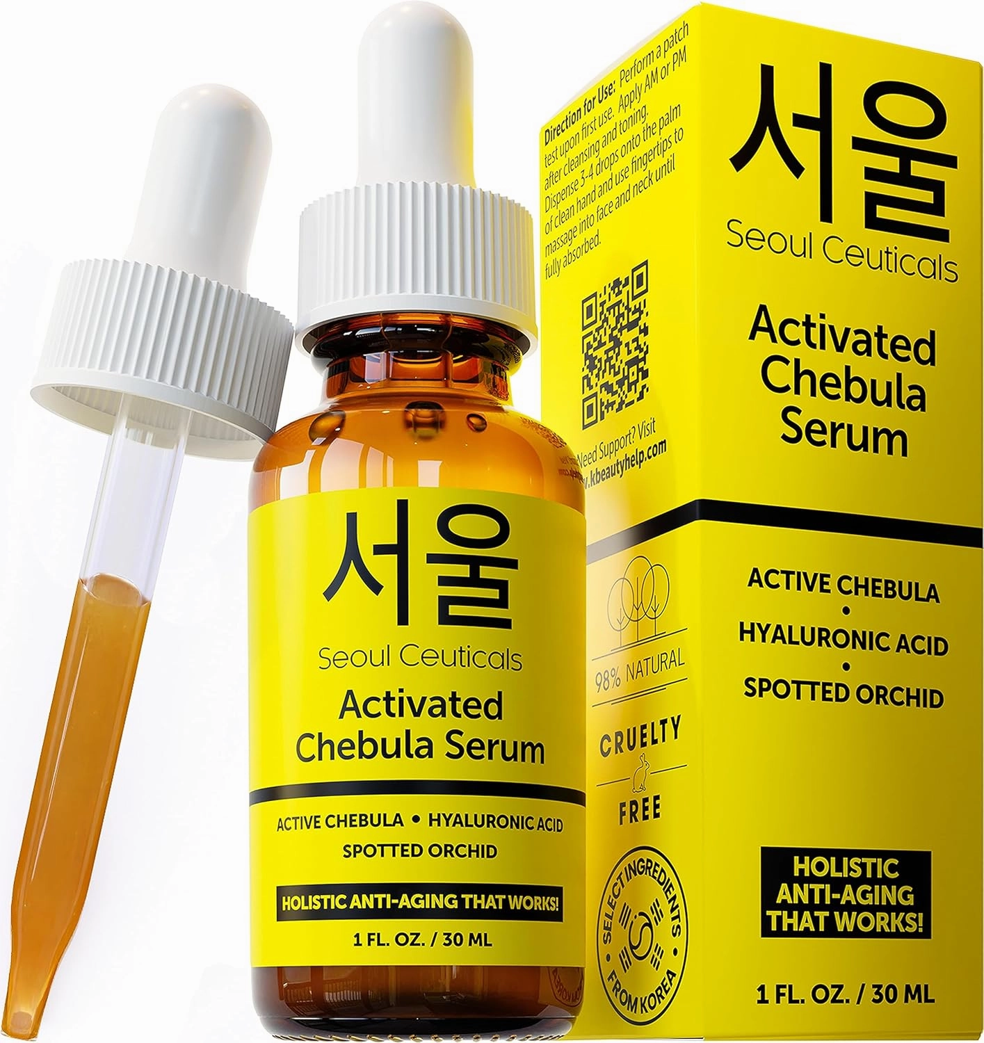SeoulCeuticals Chebula Active Serum for Face - Korean Skin Care Anti Aging Natural K Beauty Skincare With Hyaluronic Acid   Spotted Orchid for Healthy, Youthful Glowing Skin 1oz