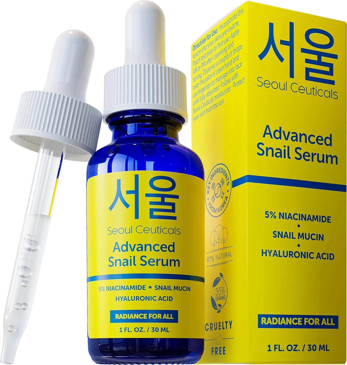 SeoulCeuticals Korean 5% Niacinamide   Snail Mucin 97.5% Essence Serum   Hyaluronic Acid, Cruelty Free Korean Skin Care, Natural & Organic Anti Aging Face Serum for Dull Skin, K Beauty 1oz