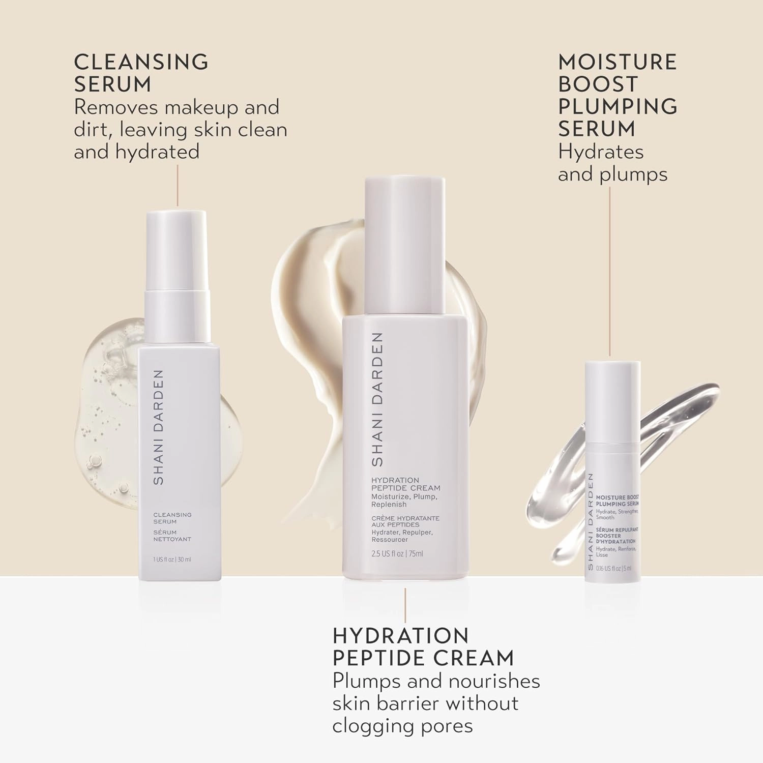 SHANI DARDEN Skin Care Hydrate and Replenish Trio, Facial Cleansing Serum Makeup Remover, Face Moisturizer Plumping Serum, and Hydrating Peptide Face Cream, 3 Piece Set