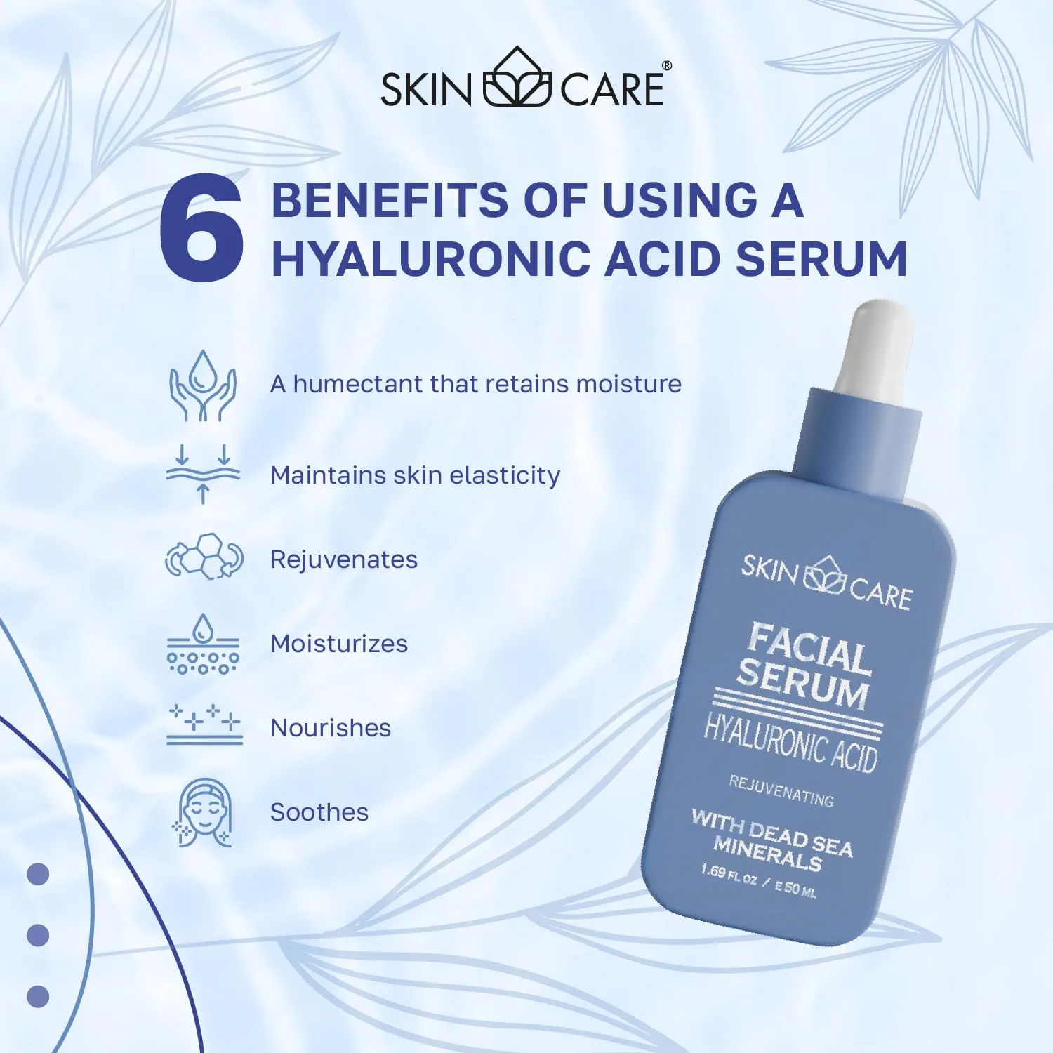 Skin Care Hyaluronic Acid Serum - Rejuvenates Moisturizes Nourishes and Soothes Face - Enriched with Dead Sea Minerals for All Skin Types - Hydrating Facial Care Treatment 1.69 fl.oz