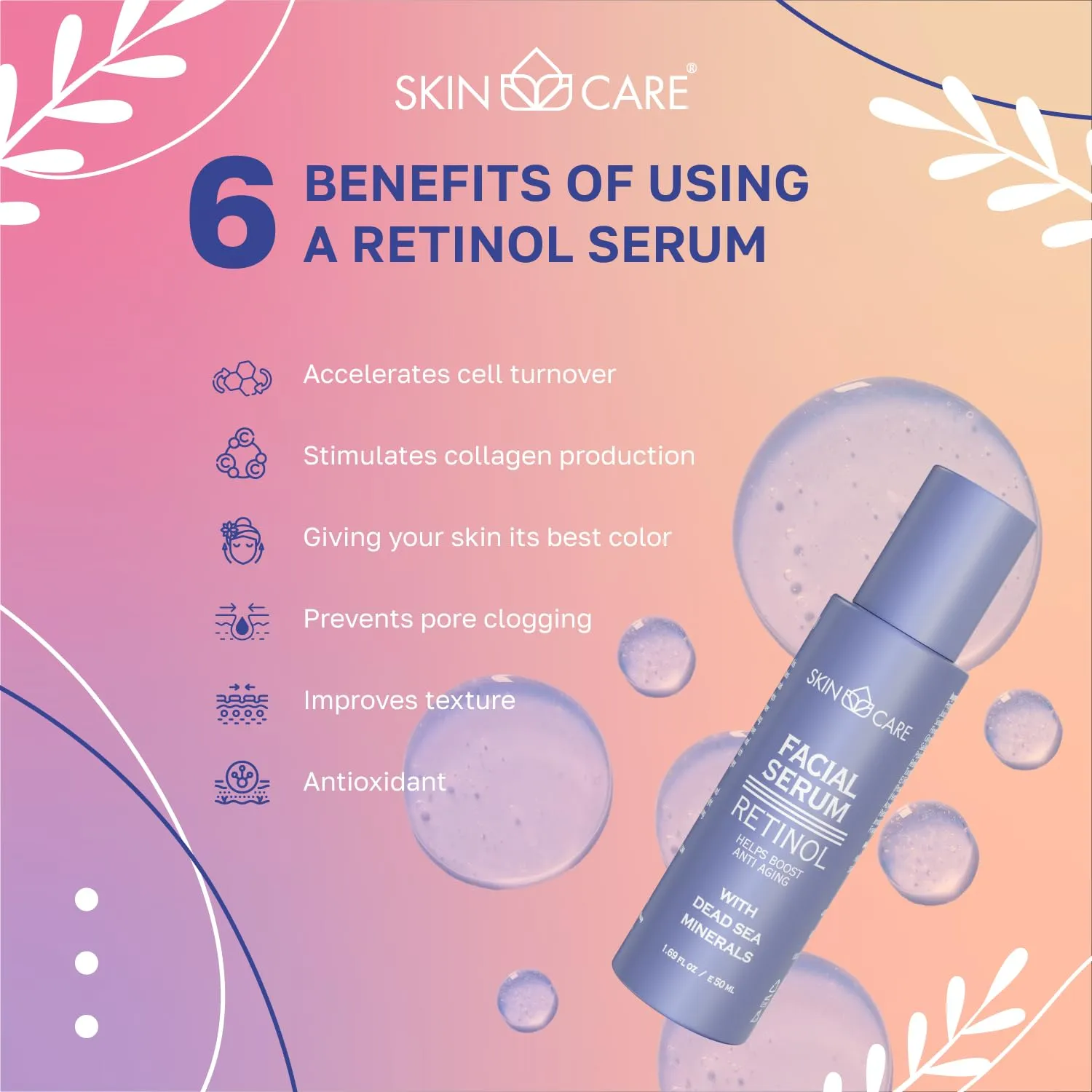 Skin Care Retinol Face Serum – Deeply Hydrates, Replenishes & Soothes – Infused with Dead Sea Minerals – Facial Treatment for All Skin Types – 1.69 fl.oz