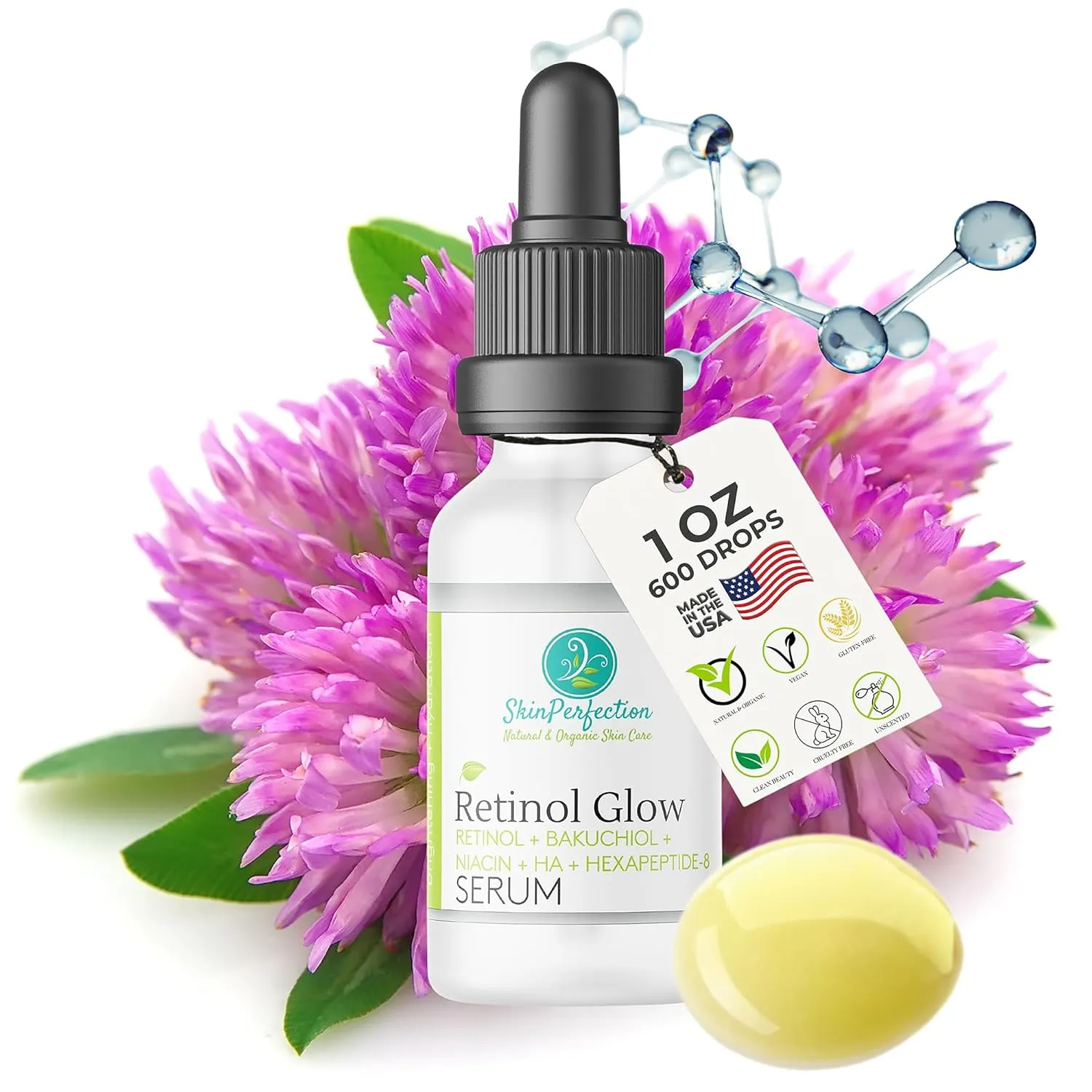 Skin Perfection Retinol Glow Serum Anti-aging Face Neck Decollete Cream Renewing Resurfacing Argireline Peptide Bakuchiol Niacinamide Hyaluronic Acid Day Night