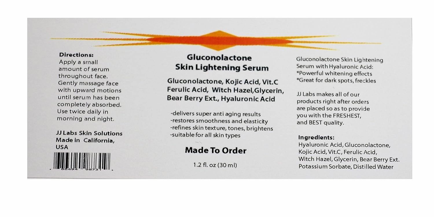 Skin Brightening Serum with Gluconolactone, Kojic Acid, and Hyaluronic Acid (1.2oz, Dropper Dispenser)
