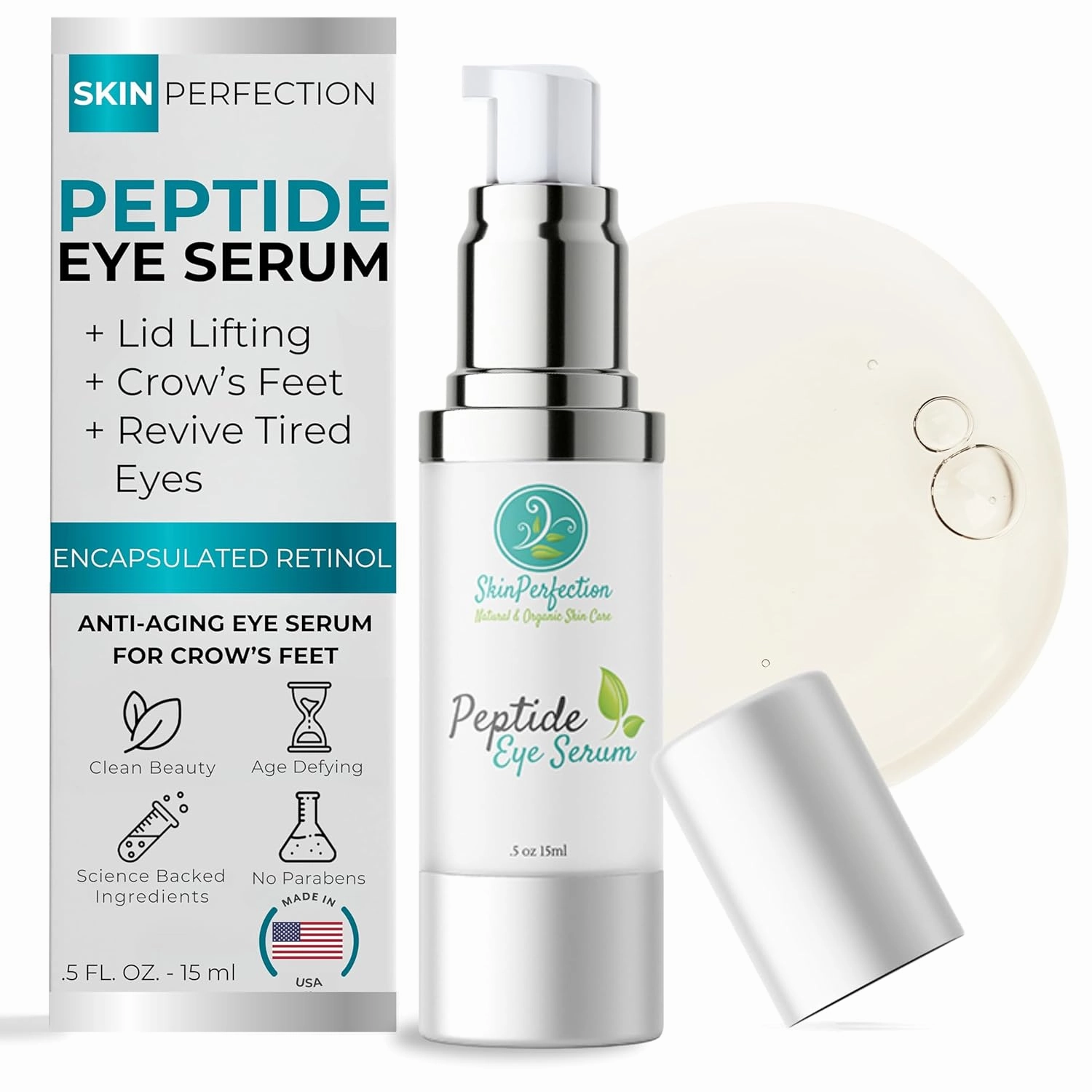Skin Perfection Peptide Eye Serum Target Crow's Feet Lines Wrinkles Lifts Firms Youthful Contour Snap 8 Retinol Acetyl Hexapeptide 30 Inyline Antarcticine .5 Oz