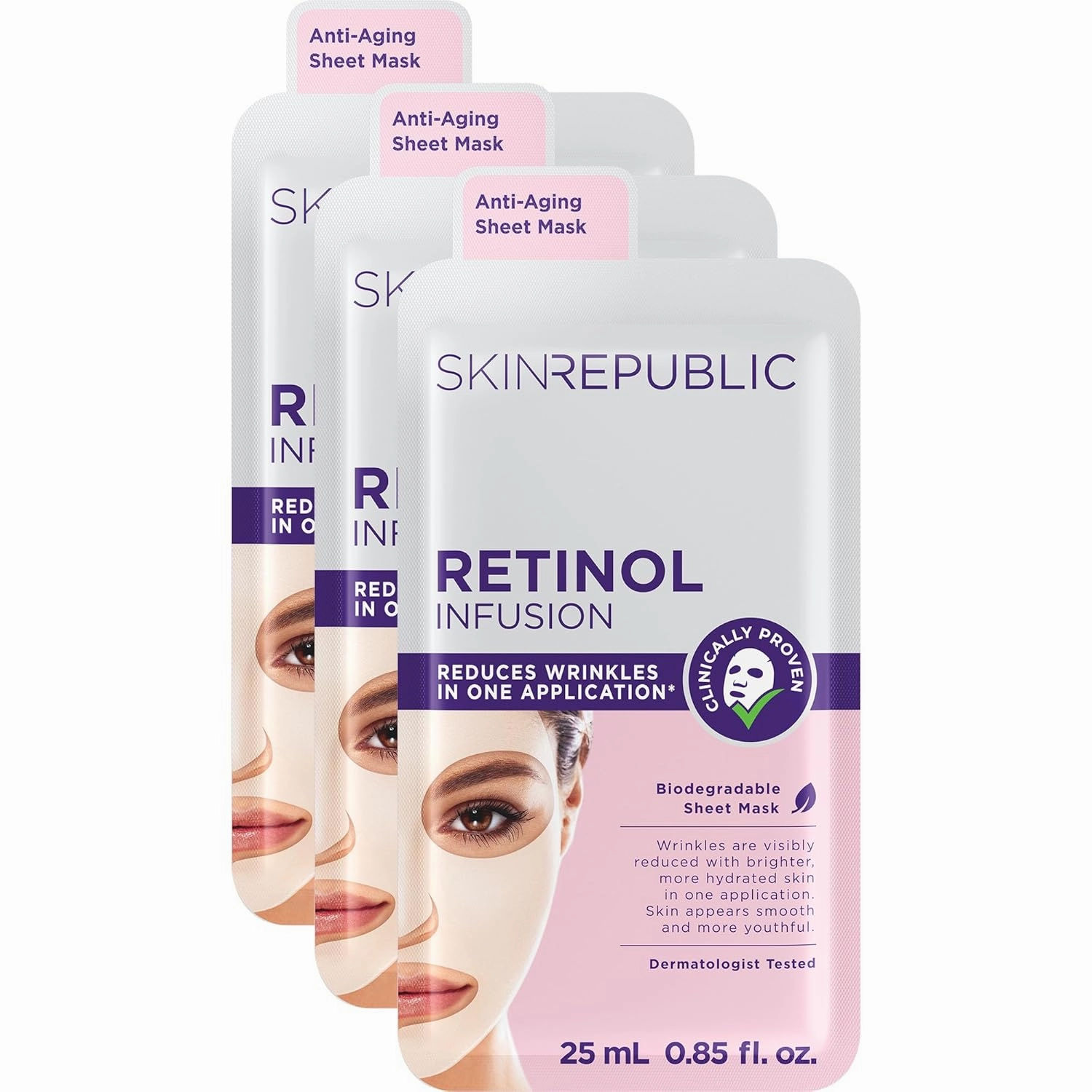 Skin Republic Retinol Infusion Sheet Mask Proven to Reduce Wrinkles After One Use. Made in Korea. 3 Pack.