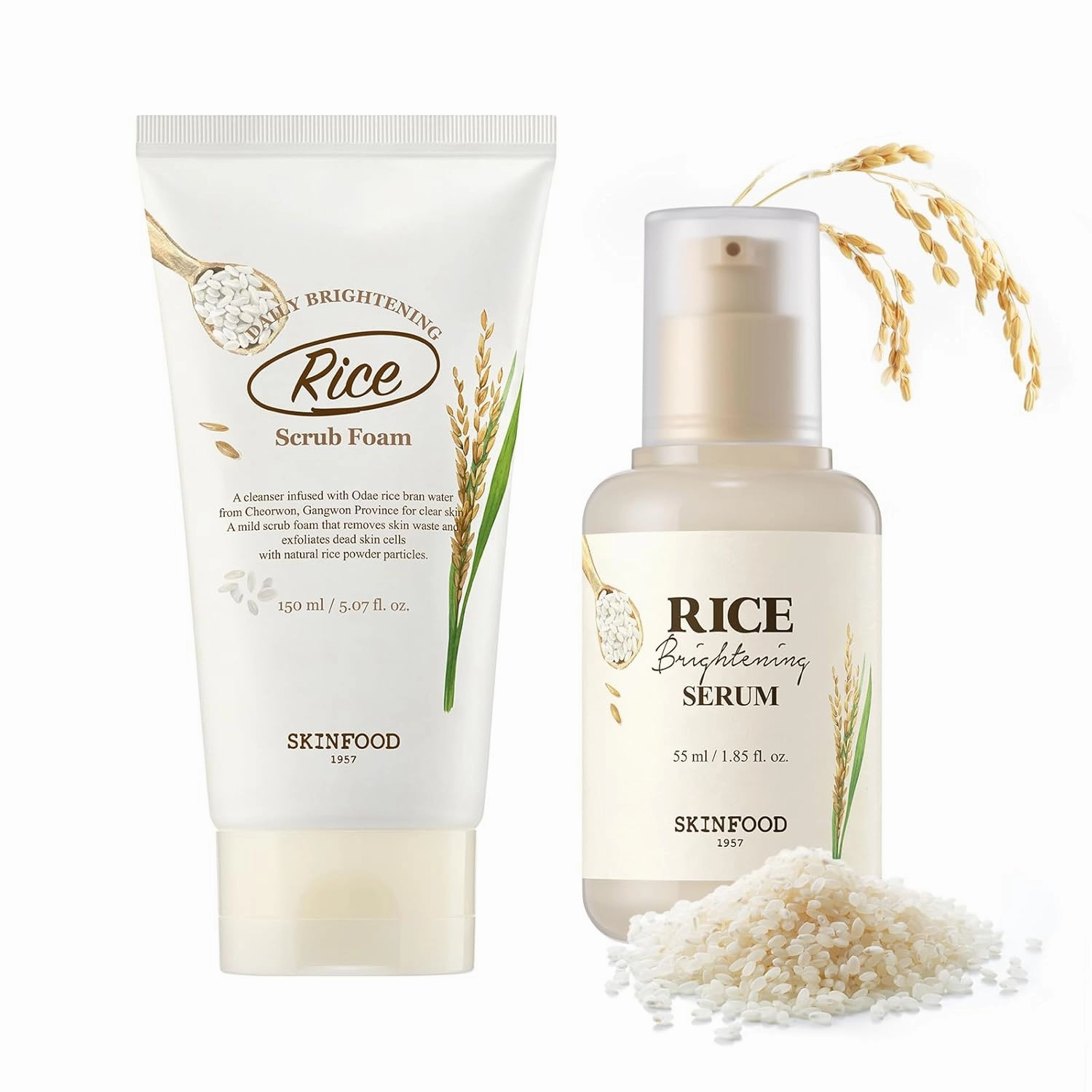 SKINFOOD Rice Scrub Foam 5.07 oz. (150ml) & Rice Serum 1.86 fl.oz. (55ml) – Facial Cleanser and Korean Skincare Essence, Exfoliating, Hydration, Pore Minimizing, Dark Spot Correcting, Glow Glass Skin