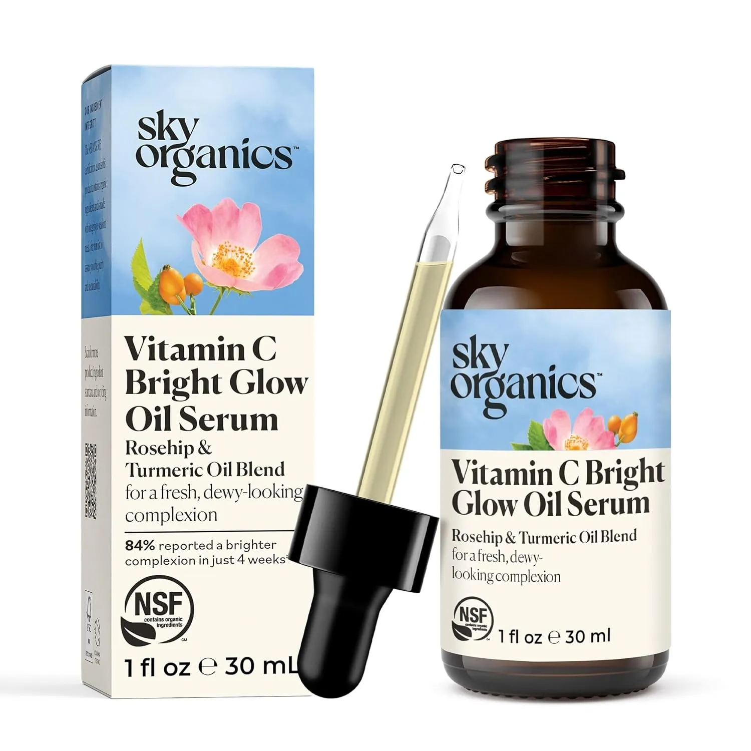 Sky Organics Bright Glow Face Serum, Vitamin C Serum, Rejuvenate Dull Skin, Hydrating, Promotes Brighter-looking Complexion, Skin Care with Vitamin E, Organic Jojoba Oil & Rosehip Oil, 1 fl oz