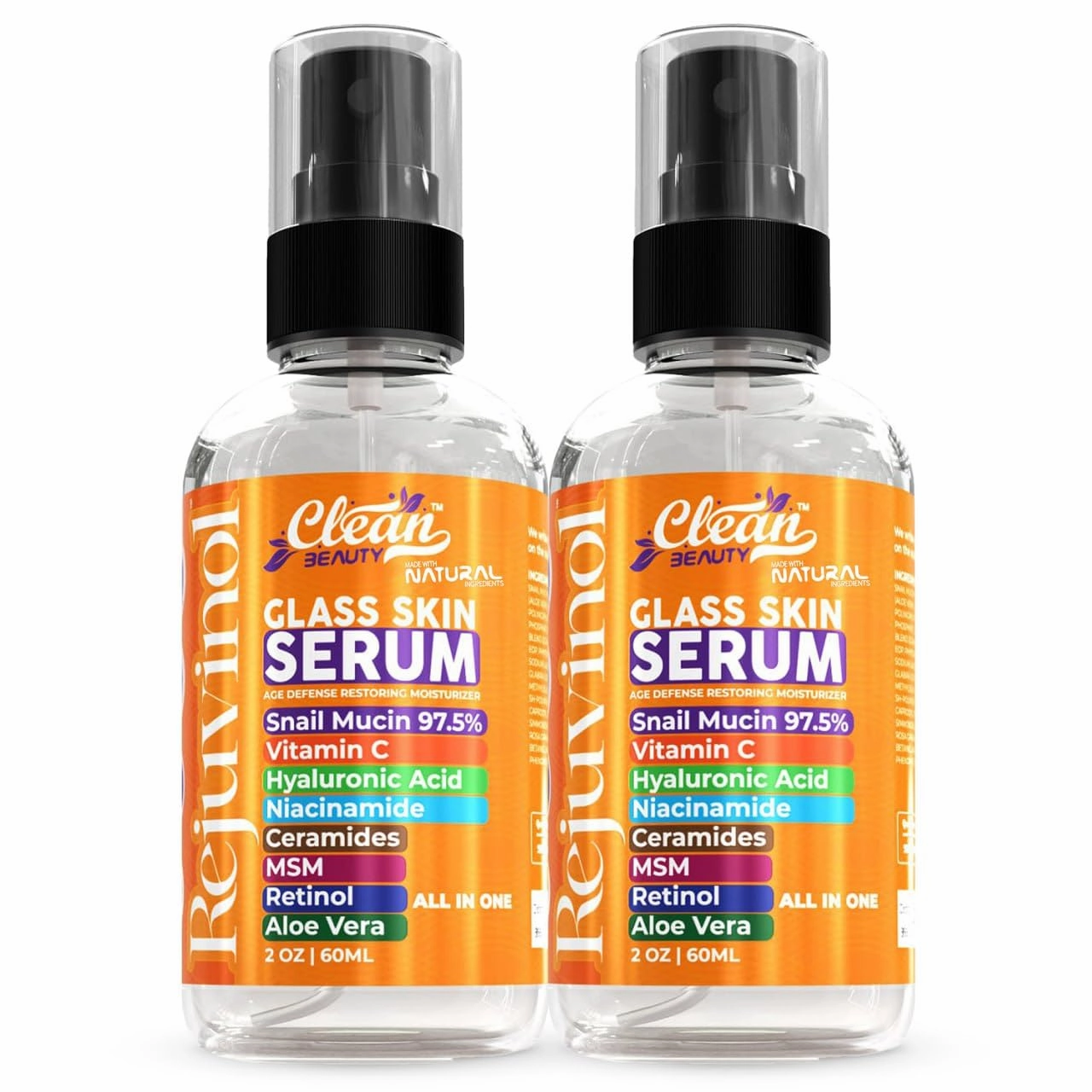 Snail Mucin Serum Vitamin C Face Serum Anti Aging with Hyaluronic Acid Niacinamide Retinol MSM Aloe Vera & Ceramides - Korean Skin Care Dark Spot Remover for Glowing Skin - Pack of 2